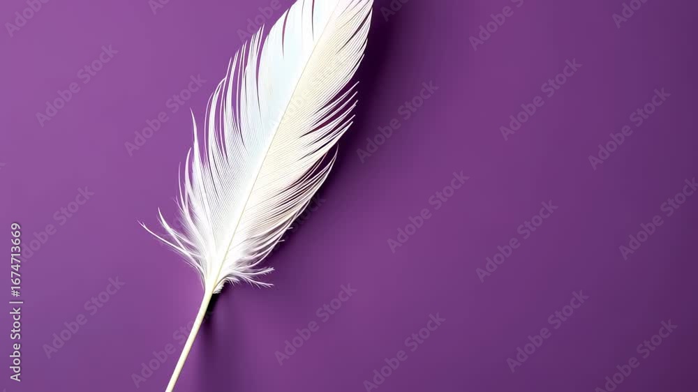 Poster delicate feather on violet: a single, pristine feather delicately rests against a smooth violet back