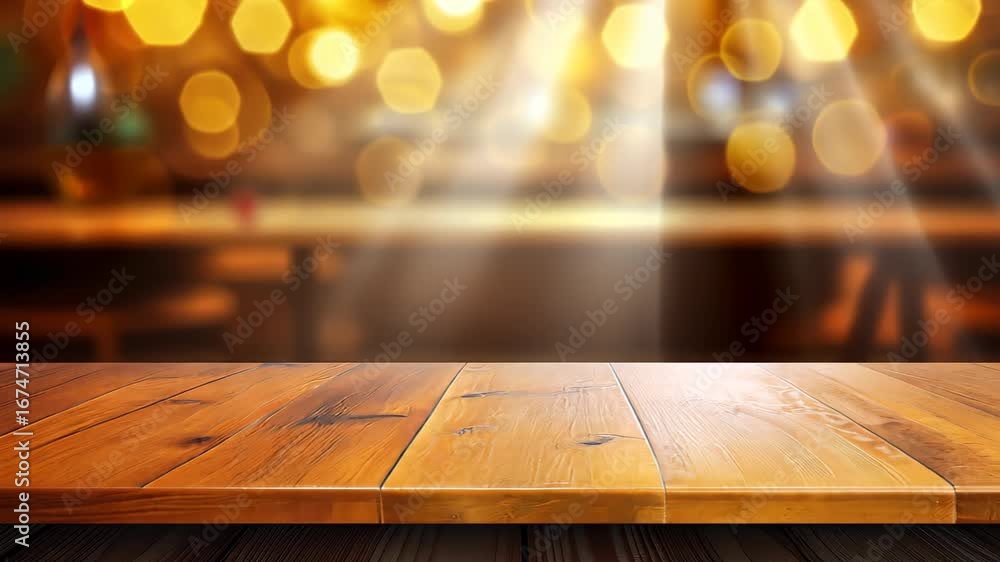 Aufkleber wooden table: a rustic wooden table stands in the foreground, bathed in the soft glow of ambient lig