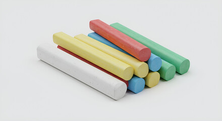 Fototapeta premium chalk, Close up photo of colorful chalk sticks including white, yellow, blue, red, and green on a clean white background.