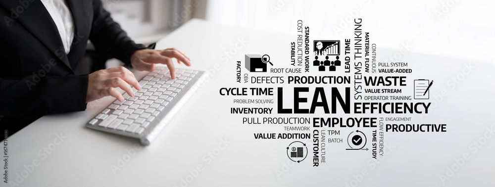 Poster a business professional engages with a keyboard in a modern workspace, showcasing lean principles fo