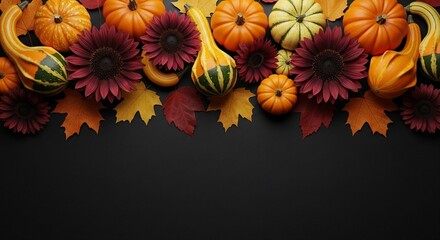 Autumnal composition showcasing pumpkins, gourds, sunflowers, and colorful leaves against a dark