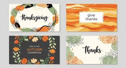 Collection of artistic Thanksgiving and autumn-themed greeting card designs for seasonal festivities