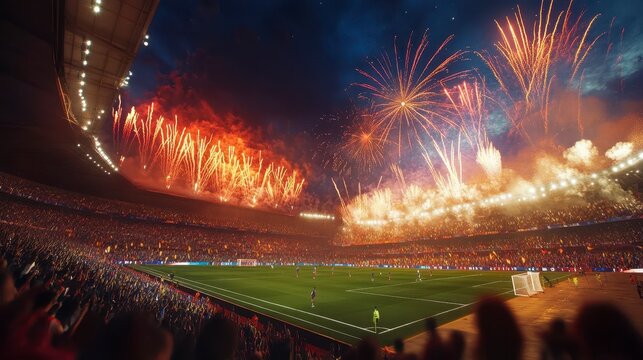 Fireworks explode over a packed stadium during a soccer game.
