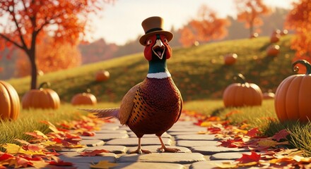 Festive Fall Fantasy: A Pheasant's Promenade Amidst Pumpkins and Colorful Leaves