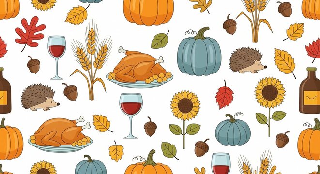 Festive autumn seamless pattern with pumpkins, turkeys, sunflowers, wine and leaves - Powered by Adobe
