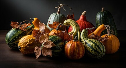 Harvest bounty still life showcasing diverse gourds and autumnal foliage arrangement