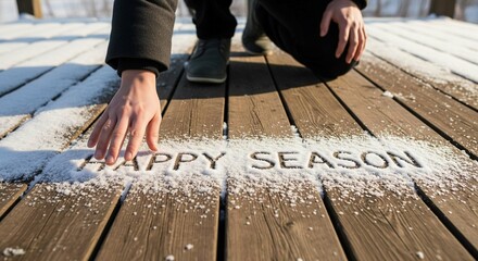 Person crafting a happy season message in fresh snow on a wooden deck during winter