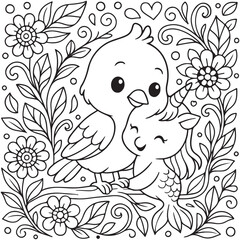 Fototapeta premium Cute Bird and Unicorn Coloring Page with Floral Frame for Kids Activities and Creative Relaxation Fun Coloring Book Illustration