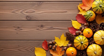 Rustic autumnal arrangement featuring leaves, gourds, and pinecones on wooden surface