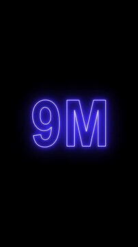 "Purple Neon Glowing 9 Million (9M) Number Text Effect on Transparent Background. Futuristic Light Sign Design"