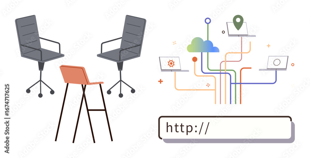 Aufkleber office chairs and a bar stool next to a networking concept with laptops, cloud, and location marker.