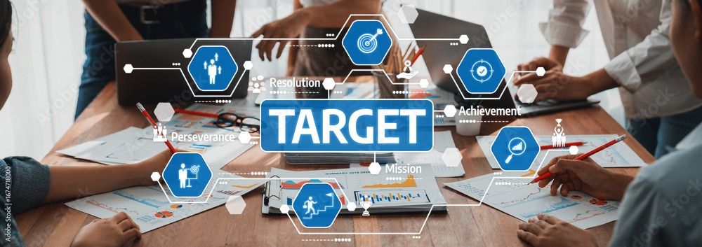 Poster a dynamic business meeting showcases teamwork and strategy, emphasizing target achievement with enga