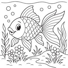Fototapeta premium Cute Cartoon Goldfish Swimming Underwater Coloring Page Illustration with Bubbles and Aquatic Plants for Childrens Activity Book and Educational Resources
