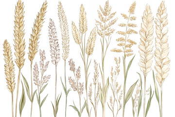 Collection of various dried grass seed heads and stalks isolated on transparent background