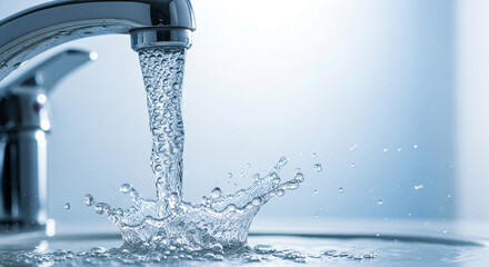 Close‑up faucet with steady water flow and crisp splash, sanitation and purity concept perfect for kitchen ads, utility services, conservation banners and clean site headers