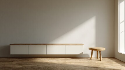 Minimalist living room, sunlight, wooden media console, stool, design