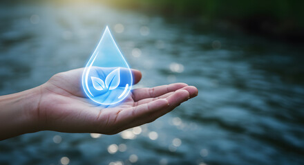 Hand holding clean water drop icon representing purity conservation and natural resource management for environment protection health and a sustainable future for everyone
