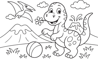 Naklejka premium Cute Dinosaur and Pterodactyl in Cartoon Landscape Coloring Page for Children Activity Books and Educational Materials Stock Illustration