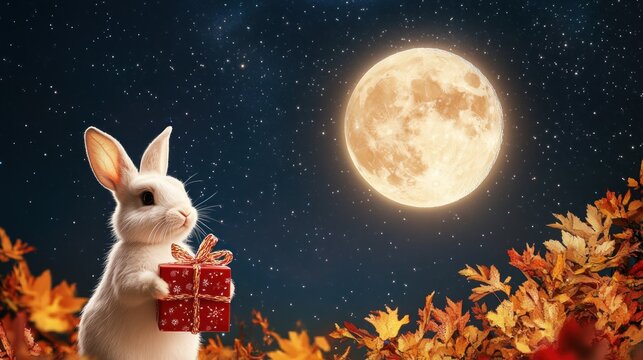 Rabbit with gift under full moon on starry night