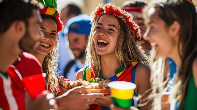 Happy diverse fans cheering, eating, and drinking together at a sporting event. - Powered by Adobe