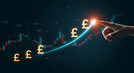 Hand touching growth arrow of pound symbol on stock market chart a concept for uk economy financial success business investment and wealth management