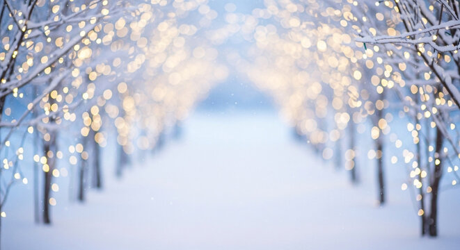 Snowy winter walkway lined with lit trees and warm bokeh, festive seasonal background perfect for new year greetings, holiday campaigns and cozy brand headers