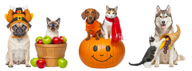Cute dogs and cats in Thanksgiving and autumn costumes with pumpkins apples and cornucopia