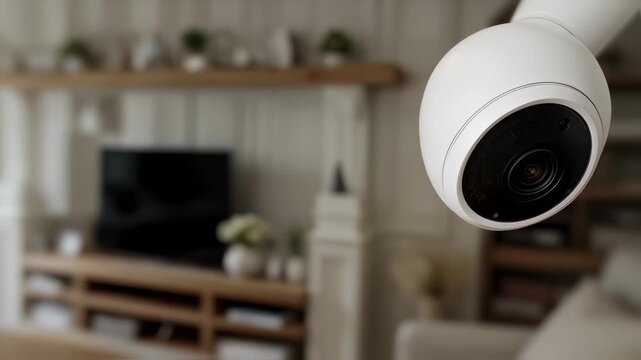 Medium shot of a smart security camera mounted indoors focusing on the device while living room furnishings remain softly blurred behind.