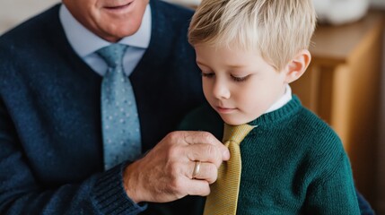 A touching moment of a grandfather adjusting his grandson's tie, symbolizing the bonds of family, love, and tradition. Capturing a tender interaction and the warmth of intergenerational relationships.