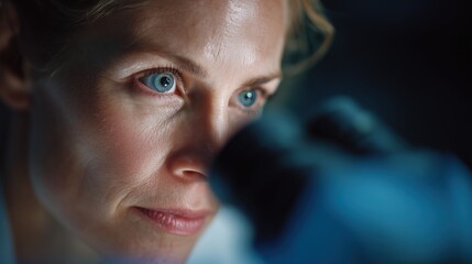 A determined scientist delves deep into the unseen world, peering intently through the lens of a microscope. The image speaks of meticulous work, precision, and the unwavering pursuit of knowledge.
