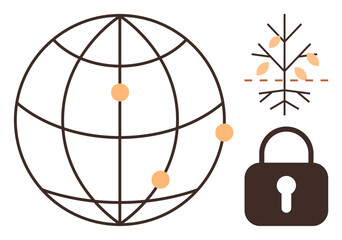 Globe with interconnected orange points, padlock symbolizing cybersecurity, and tree with roots cut. Ideal for technology, security, privacy, environment, globalization, sustainability