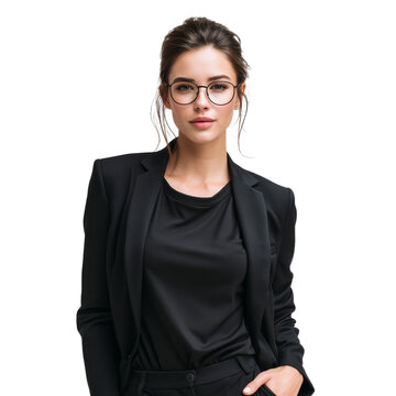 Confident woman wearing glasses and black blazer poses elegantly, showcasing professional appearance and modern style