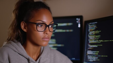 A focused female software developer engrossed in lines of code, illuminated by the glow of dual computer screens, represents technology's digital world.