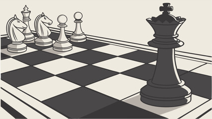 Black King Chess Piece Facing White Army on Chessboard for Business Challenge, Strategic Planning, and Leadership Decisions