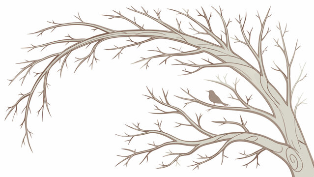 Bare Winter Tree Branches with Small Bird Perching. Serene Nature Graphic for Seasonal Web Design, Blog Headers, and Tranquil Backgrounds.