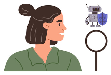 Woman facing robot with shield, symbolizing AI security and trust. Magnifying glass emphasizes analysis, innovation. Ideal for AI ethics, cybersecurity, tech safety, innovation, machine learning