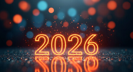 Blue bokeh reflection with elegant 2026 numerals and bright center glow, refined celebration backdrop perfect for new year campaigns, event titles and seasonal headers