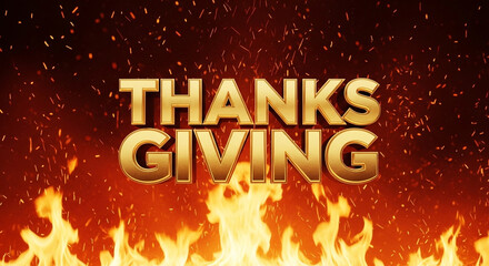 THANKSGIVING golden text with blazing flame edge on dark, bold seasonal title graphic perfect for holiday promotions, dinner invites, sale banners and festive web headers