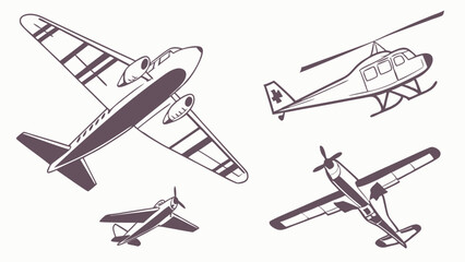 Diverse Aircraft Flying Line Art Illustration Featuring Vintage Propeller Planes And Rescue Helicopter For Aviation Logistics Travel And Emergency Services