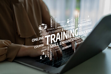 A focused individual uses a laptop for online training and skill development, highlighting concepts...