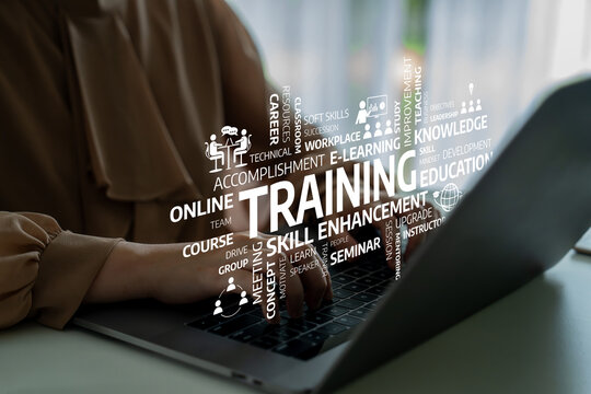 A focused individual uses a laptop for online training and skill development, highlighting concepts of education and career advancement in the digital age. Tessel