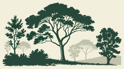 Lush Green Forest Trees Silhouettes Landscape Vector Art for Nature Conservation Eco-Friendly Branding and Outdoor Environment Design