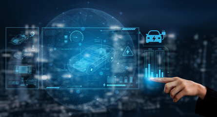 Technical layout of electric vehicle showing battery system, power control, traction motor,...