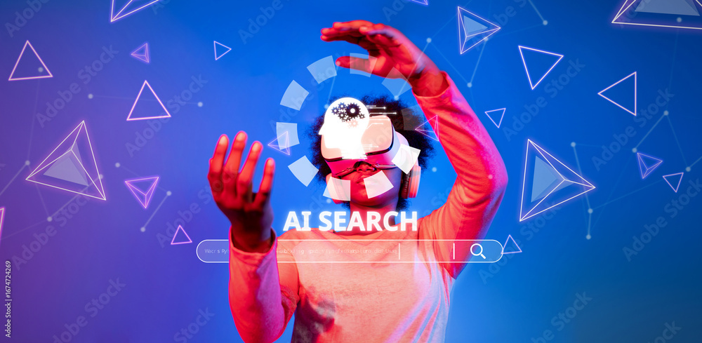 Poster explore the dynamic interaction between a person and artificial intelligence in a futuristic digital