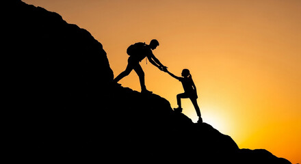 Silhouette of a helping hand assisting a climber reach the summit against a vibrant sunset sky.