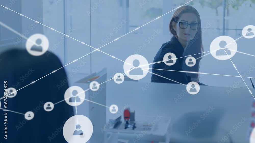 Poster business woman generating network by fading in profile icon and linking animated nodes
