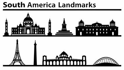 South America Landmarks Silhouette Vector Icons Famous Travel Architecture Buildings South American Tourism Culture