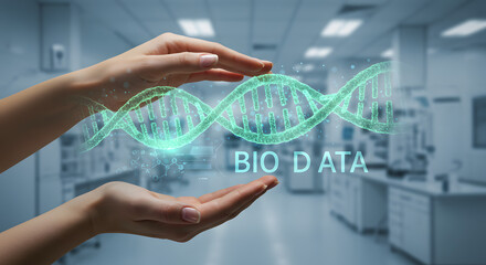 Hand sharing bio data on a dna helix a concept for biotechnology science research medical technology innovation and future collaboration in a laboratory