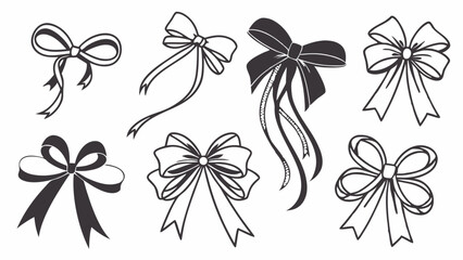 Assortment of festive gift bows and decorative ribbons. Hand-drawn style vector collection for celebration, holiday, and design.