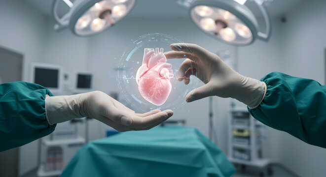 Surgeon hands holding a heart hologram in operating room a concept for future medical technology innovation in cardiology surgery healthcare treatment and diagnosis